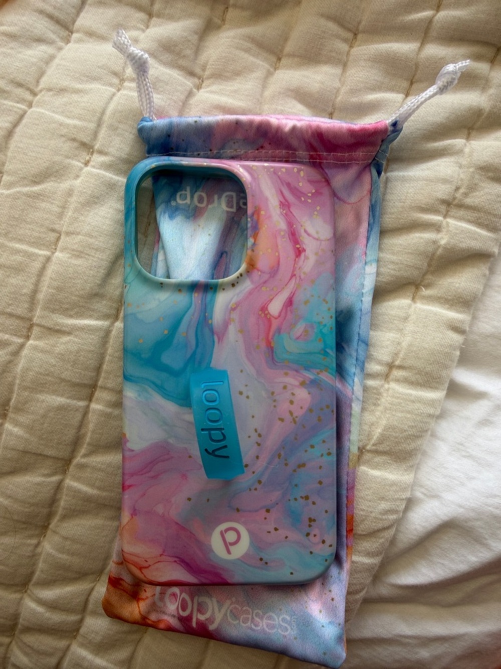 Loopy Case Marble Phone Case with Loop Strap - Pink, Blue & Gold. iPhone 13 pro